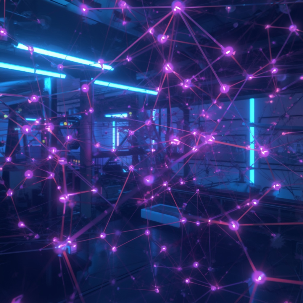 A detailed visualization of neural network architecture with interconnected nodes and glowing pathways representing deep learning systems, futuristic laboratory environment, cyberpunk aesthetic, blue and purple lighting, no people shown