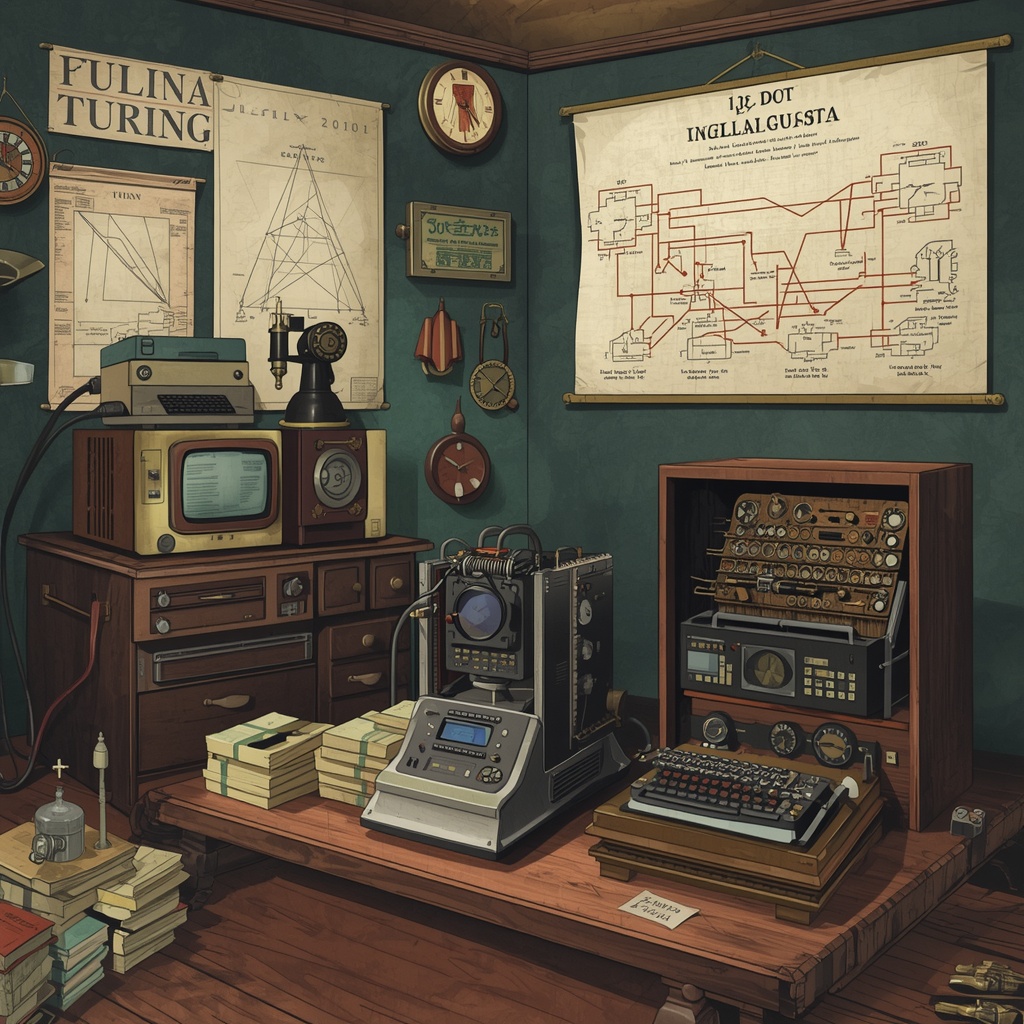 A conceptual illustration of Alan Turing's pioneering work in artificial intelligence, featuring vintage computing machines and early logic diagrams, academic setting, realistic style, steampunk influenced aesthetic, no people shown